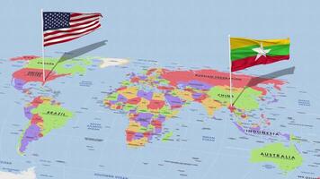 myanmar, birmania y unido estados bandera ondulación con el mundo mapa, sin costura lazo en viento, 3d representación video