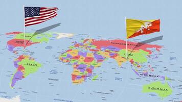 Butão e Unidos estados bandeira acenando com a mundo mapa, desatado ciclo dentro vento, 3d Renderização video