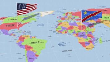 Dr congo y unido estados bandera ondulación con el mundo mapa, sin costura lazo en viento, 3d representación video