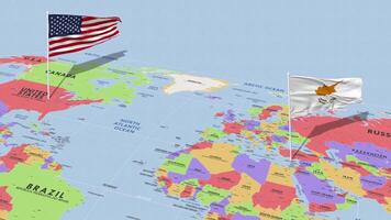 Chipre e Unidos estados bandeira acenando com a mundo mapa, desatado ciclo dentro vento, 3d Renderização video