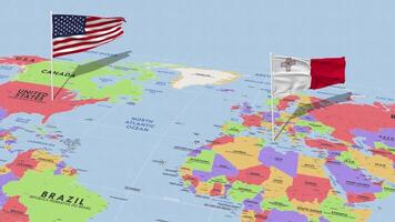 Malta y unido estados bandera ondulación con el mundo mapa, sin costura lazo en viento, 3d representación video