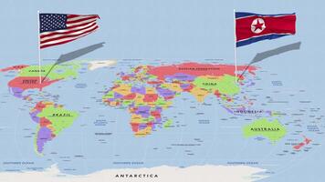 norte Coréia e Unidos estados bandeira acenando com a mundo mapa, desatado ciclo dentro vento, 3d Renderização video