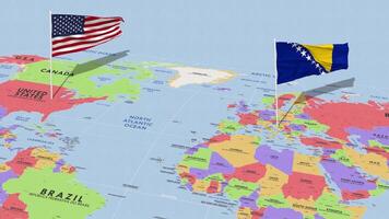 Bósnia e herzegovina e Unidos estados bandeira acenando com a mundo mapa, desatado ciclo dentro vento, 3d Renderização video