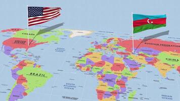 Azerbaijão e Unidos estados bandeira acenando com a mundo mapa, desatado ciclo dentro vento, 3d Renderização video