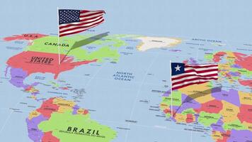 Liberia y unido estados bandera ondulación con el mundo mapa, sin costura lazo en viento, 3d representación video