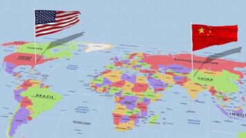 China and United States Flag Waving with The World Map, Seamless Loop in Wind, 3D Rendering video