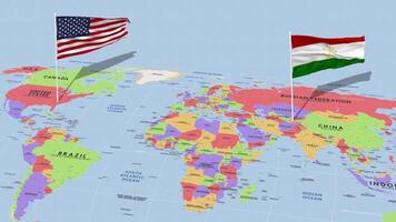 Tadzjikistan en Verenigde staten vlag golvend met de wereld kaart, naadloos lus in wind, 3d renderen video