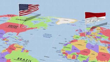 Mónaco y unido estados bandera ondulación con el mundo mapa, sin costura lazo en viento, 3d representación video