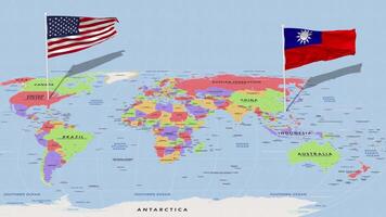 Taiwan e Unidos estados bandeira acenando com a mundo mapa, desatado ciclo dentro vento, 3d Renderização video