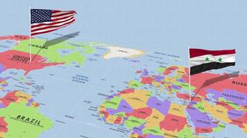 Síria e Unidos estados bandeira acenando com a mundo mapa, desatado ciclo dentro vento, 3d Renderização video