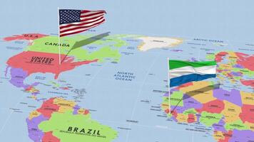 sierra leona y unido estados bandera ondulación con el mundo mapa, sin costura lazo en viento, 3d representación video