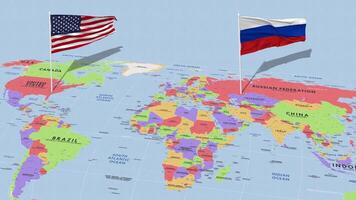 Rússia e Unidos estados bandeira acenando com a mundo mapa, desatado ciclo dentro vento, 3d Renderização video