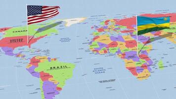 Ruanda y unido estados bandera ondulación con el mundo mapa, sin costura lazo en viento, 3d representación video