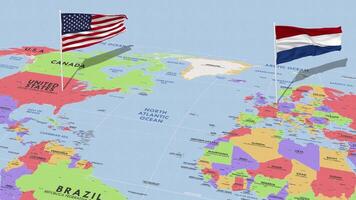 Países Bajos y unido estados bandera ondulación con el mundo mapa, sin costura lazo en viento, 3d representación video