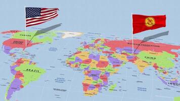 Quirguistão e Unidos estados bandeira acenando com a mundo mapa, desatado ciclo dentro vento, 3d Renderização video