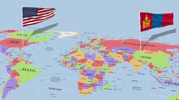 Mongólia e Unidos estados bandeira acenando com a mundo mapa, desatado ciclo dentro vento, 3d Renderização video