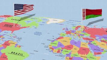 bielorrússia e Unidos estados bandeira acenando com a mundo mapa, desatado ciclo dentro vento, 3d Renderização video