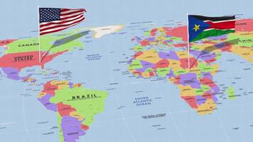 sur Sudán y unido estados bandera ondulación con el mundo mapa, sin costura lazo en viento, 3d representación video