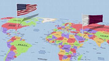 Katar y unido estados bandera ondulación con el mundo mapa, sin costura lazo en viento, 3d representación video