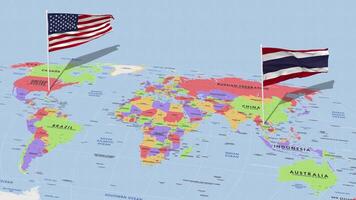 Tailandia y unido estados bandera ondulación con el mundo mapa, sin costura lazo en viento, 3d representación video