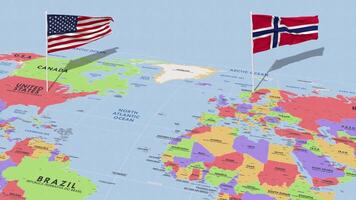 Noruega y unido estados bandera ondulación con el mundo mapa, sin costura lazo en viento, 3d representación video