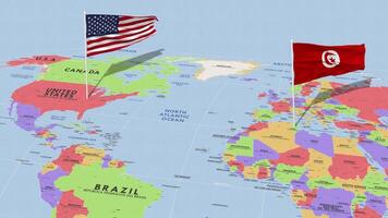 Tunísia e Unidos estados bandeira acenando com a mundo mapa, desatado ciclo dentro vento, 3d Renderização video