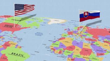 Eslováquia e Unidos estados bandeira acenando com a mundo mapa, desatado ciclo dentro vento, 3d Renderização video