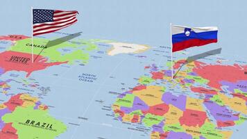 eslovénia e Unidos estados bandeira acenando com a mundo mapa, desatado ciclo dentro vento, 3d Renderização video