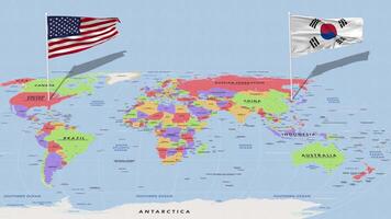 sul Coréia e Unidos estados bandeira acenando com a mundo mapa, desatado ciclo dentro vento, 3d Renderização video