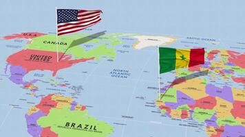 Senegal e unito stati bandiera agitando con il mondo carta geografica, senza soluzione di continuità ciclo continuo nel vento, 3d interpretazione video