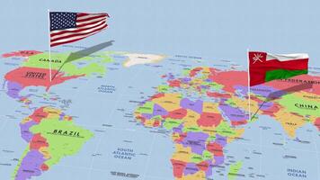 Omã e Unidos estados bandeira acenando com a mundo mapa, desatado ciclo dentro vento, 3d Renderização video