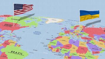 Ukraine and United States Flag Waving with The World Map, Seamless Loop in Wind, 3D Rendering video