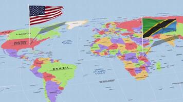 Tanzânia e Unidos estados bandeira acenando com a mundo mapa, desatado ciclo dentro vento, 3d Renderização video