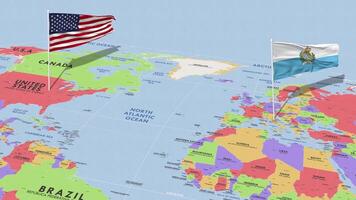 san marino e Unidos estados bandeira acenando com a mundo mapa, desatado ciclo dentro vento, 3d Renderização video