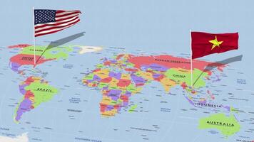 Vietnam y unido estados bandera ondulación con el mundo mapa, sin costura lazo en viento, 3d representación video