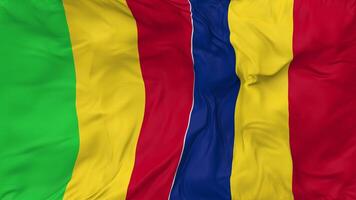 Mali and Romania Flags Together Seamless Looping Background, Looped Bump Texture Cloth Waving Slow Motion, 3D Rendering video