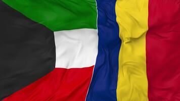 Kuwait y Rumania banderas juntos sin costura bucle fondo, serpenteado bache textura paño ondulación lento movimiento, 3d representación video