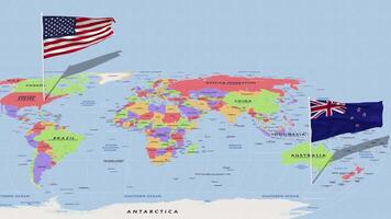 Novo zelândia e Unidos estados bandeira acenando com a mundo mapa, desatado ciclo dentro vento, 3d Renderização video