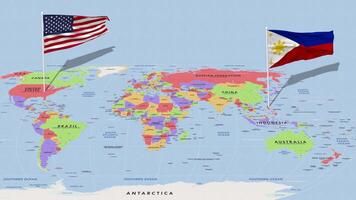 Filipinas e Unidos estados bandeira acenando com a mundo mapa, desatado ciclo dentro vento, 3d Renderização video