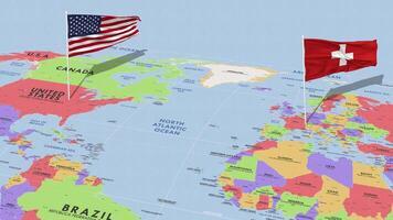 Suíça e Unidos estados bandeira acenando com a mundo mapa, desatado ciclo dentro vento, 3d Renderização video