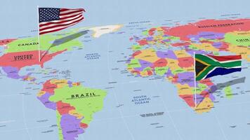 sur África y unido estados bandera ondulación con el mundo mapa, sin costura lazo en viento, 3d representación video