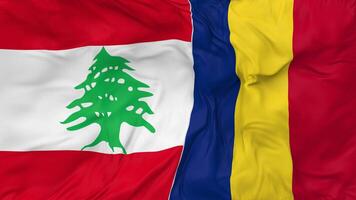 Libanon und Rumänien Flaggen zusammen nahtlos Schleifen Hintergrund, geloopt stoßen Textur Stoff winken schleppend Bewegung, 3d Rendern video