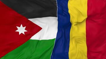 Jordanië en Roemenië vlaggen samen naadloos looping achtergrond, lusvormige buil structuur kleding golvend langzaam beweging, 3d renderen video