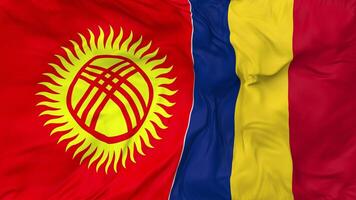 Kirguistán y Rumania banderas juntos sin costura bucle fondo, serpenteado bache textura paño ondulación lento movimiento, 3d representación video