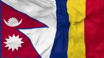 Nepal and Romania Flags Together Seamless Looping Background, Looped Bump Texture Cloth Waving Slow Motion, 3D Rendering video