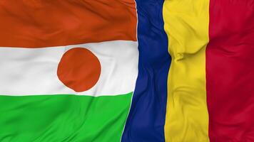 Niger and Romania Flags Together Seamless Looping Background, Looped Bump Texture Cloth Waving Slow Motion, 3D Rendering video