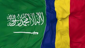 KSA, Kingdom of Saudi Arabia and Romania Flags Together Seamless Looping Background, Looped Bump Texture Cloth Waving Slow Motion, 3D Rendering video