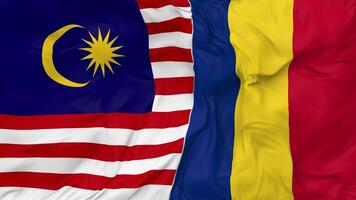 Malaysia and Romania Flags Together Seamless Looping Background, Looped Bump Texture Cloth Waving Slow Motion, 3D Rendering video