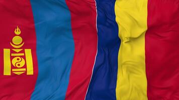 Mongolia y Rumania banderas juntos sin costura bucle fondo, serpenteado bache textura paño ondulación lento movimiento, 3d representación video
