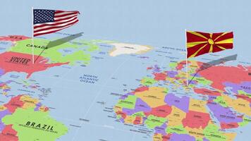 norte Macedônia e Unidos estados bandeira acenando com a mundo mapa, desatado ciclo dentro vento, 3d Renderização video